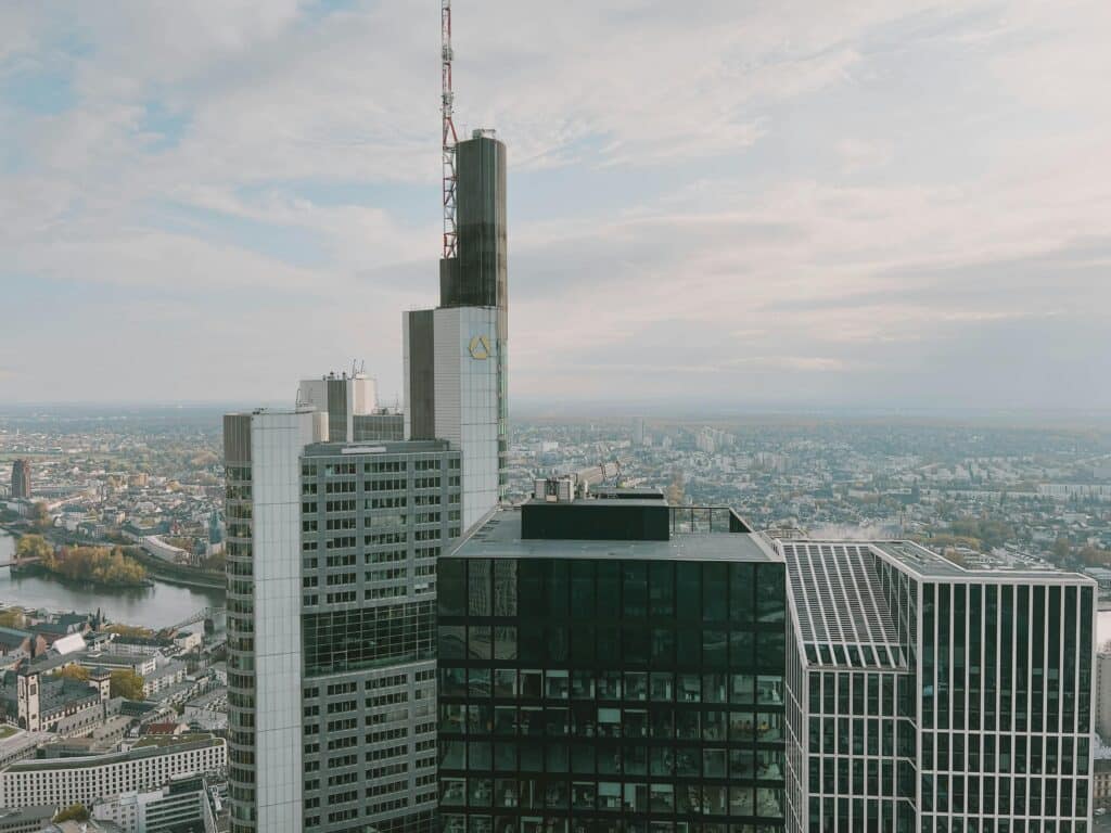 Aerial view of Frankfurt's modern skyline with the River Main